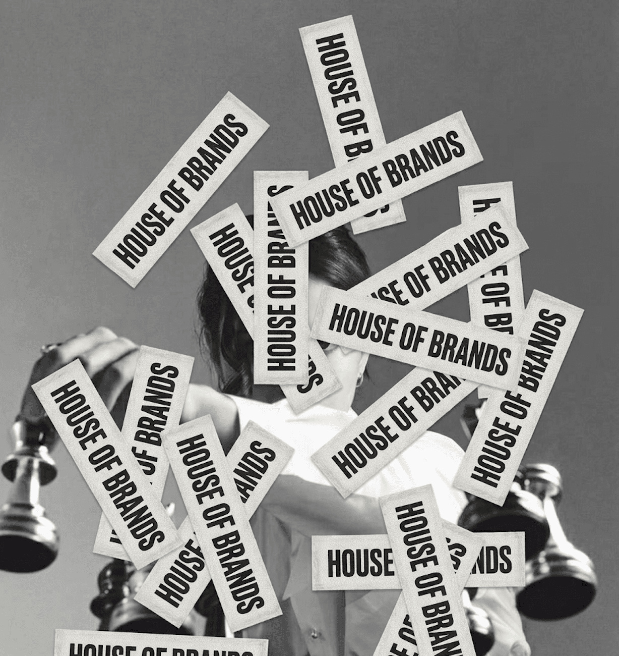 Editorial collage of repeated House of Brands labels layered over a portrait